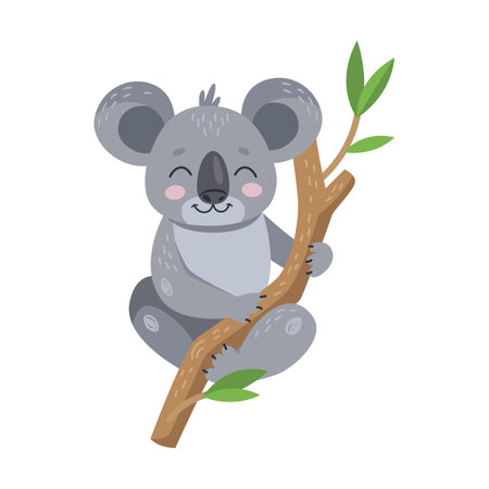 Cute koala on eucalyptus tree cartoon illustration. Adorable Australian bear isolated on whiteのイラスト素材