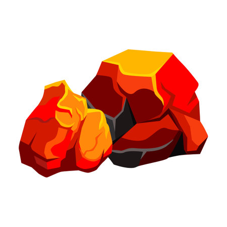 Burning coal for grill cartoon illustration. Pile of hot red glowing charcoal for fireplaces isolated on whiteのイラスト素材