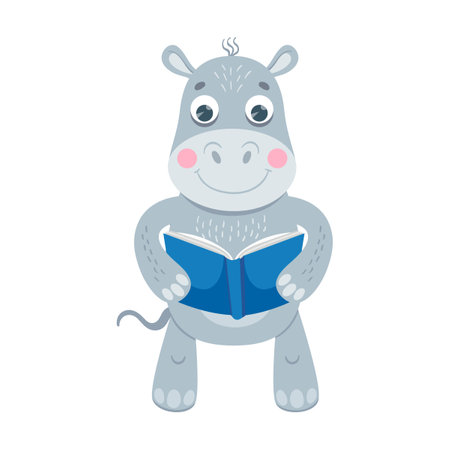 Cute animal, fat hippo reading book cartoon illustration. Smart character holding textbook isolated on white backgroundのイラスト素材