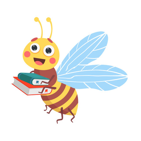 Cute animal, striped bee reading book cartoon illustration. Smart character holding textbook isolated on white backgroundのイラスト素材