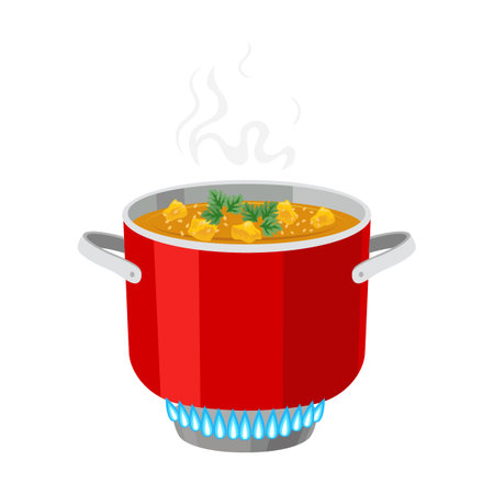 Cooking pot with soup on gas stove cartoon illustration. Boiling water in kettle, frying dishes on fire. Saucepan with hot soupのイラスト素材