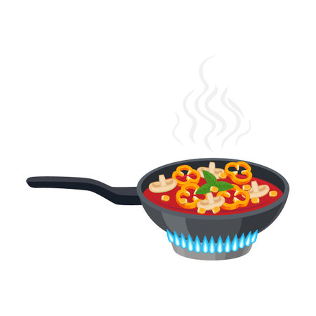 Cooking pan on gas stove cartoon illustration. Boiling water in kettle, frying dishes on fire. Saucepan with hot soupのイラスト素材