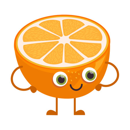 Cute ripe orange fruit cartoon character vector illustration. Comic sticker with funny caricature of happy personage isolated on whiteのイラスト素材