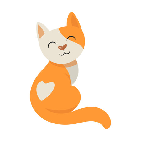 Cute cat with heart pattern on back, cartoon character vector illustration. Cat and kitty sitting on white background. Pets, domestic animalsのイラスト素材