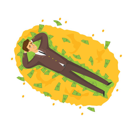 Happy rich man lies on pile of gold and money. Much money and gold cartoon vector illustrationのイラスト素材