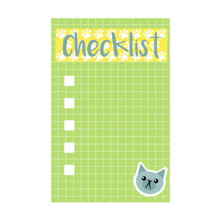 pretty diary page with cat and cat paw prints cartoon vector illustration. Cute daily planers with colorful patterns for notes, organized weekのイラスト素材