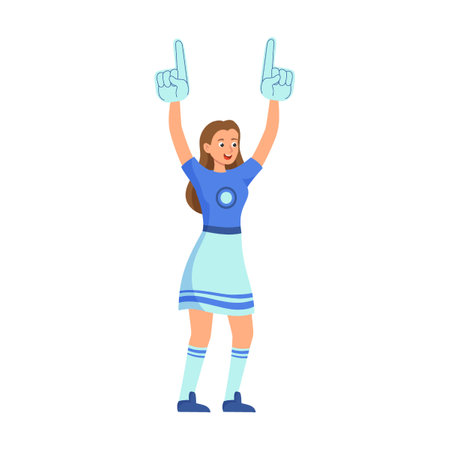 Football or soccer girl cheerleader with gloves index finger number one, flat vector illustration. Team of happy crowd of peopleのイラスト素材