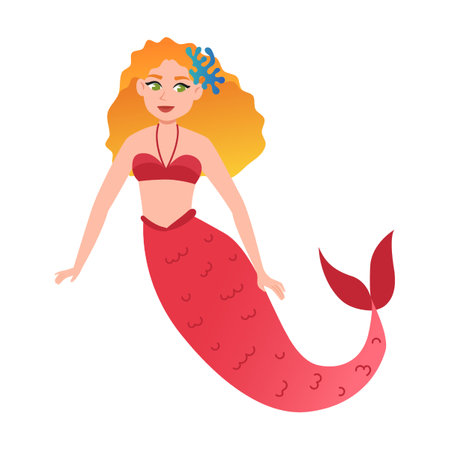Cute Mermaid, mythical princess with blond hair and red tail looks cheerful, seaweed underwater on white backgroundのイラスト素材