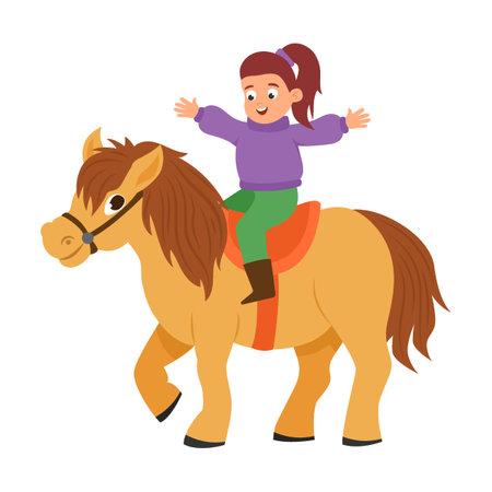 girl riding on horseback. Kid riding horse. Vector illustration of little rider training, feeding or grooming cute brown pony. Cartoon young equestrianのイラスト素材