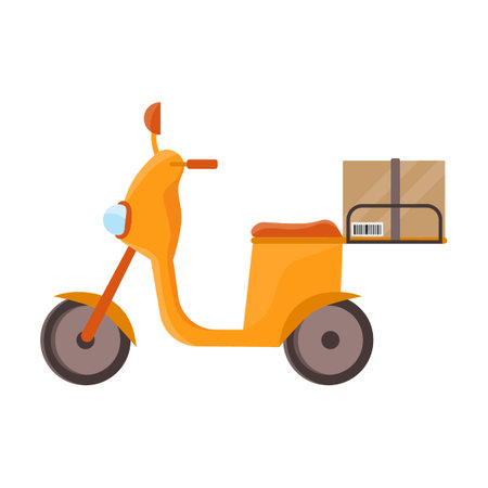 Mail yellow scooter with parcel box. Courier delivery element vector illustration. Cartoon delivering parcels, city map, transport, drone, fast deliveryのイラスト素材