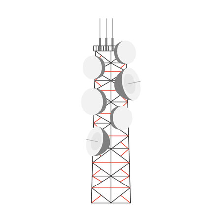 wide stable Antenna tower with satellite dishes vector illustration. Radio, communication or telecom transmission tower, internet, televisionのイラスト素材