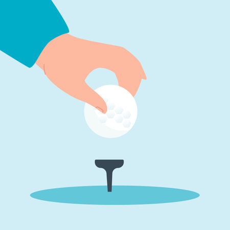 Hand putting golf ball on tee flat vector illustration. Male or female golfer playing golf. Sport, game, tournament, competition concept for banner, website design or landing web pageのイラスト素材