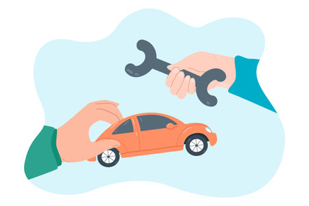 Car repair service flat vector illustration. Wrench or spanner and automobile in human hands. Transportation, diagnostic, maintenance concept for banner, website design or landing web pageのイラスト素材