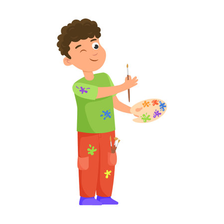 young artist with brush and palette of colors. Hobbie and activitie of kids. Vector illustrations of active boys. Cartoon children drawingのイラスト素材
