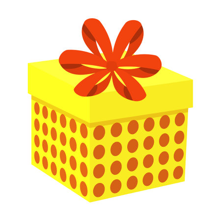 yellow large polka dots with red bow gift box on white background cartoon vector illustration. Christmas, New Year or birthday presentのイラスト素材