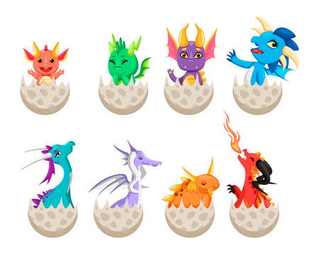 Baby dragon characters in cracked eggs vector illustrations set. Collection of drawings of comic mythical creatures coming out of eggshells isolated on white background. Fantasy, monsters conceptのイラスト素材