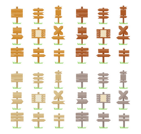 Wooden direction signs or signboards vector illustrations set. Collection of cartoon drawings of road signs from wood isolated on white background. Direction, instruction, announcement conceptのイラスト素材