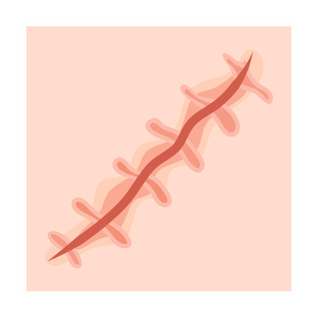 Scar cartoon illustration. Injures, scratches, bruises, surgical sutures on legs or arms on skin backgroundのイラスト素材