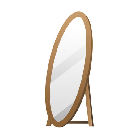 Oval floor mirror cartoon illustration. Wooden and metal frame mirror for bedroom, living room or hallway isolated on whiteのイラスト素材