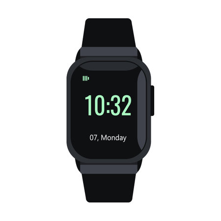 Smart watch fitness tracker. Mobile phone accessories cartoon illustration. Cellphones case, charger, battery isolated on white backgroundのイラスト素材