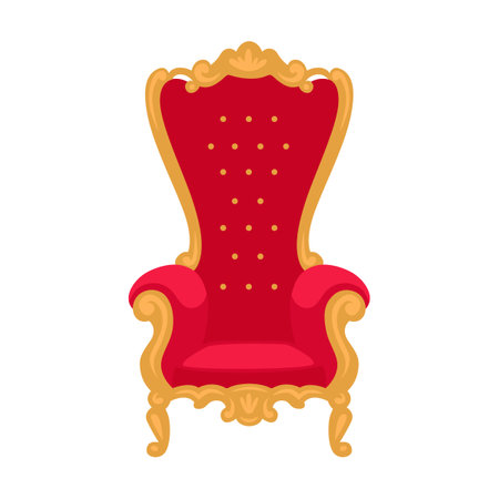 Red royal throne vector illustration. Antique medieval chair for king and queen isolated on white background. Fairytale, monarchyのイラスト素材