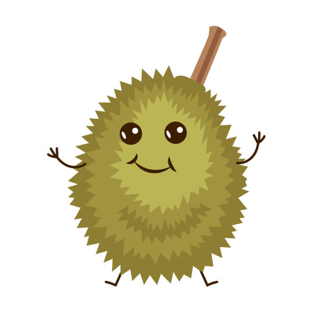 Prickly durian. Cute cartoon fruit with funny face cartoon illustration. Happy and comic tropical berries, food isolated on white backgroundのイラスト素材
