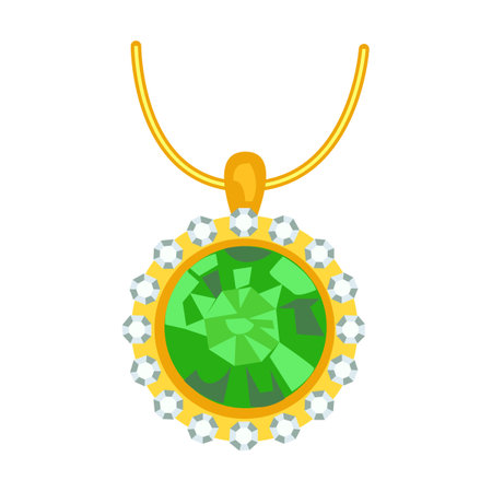 Pendant with large emerald. Cartoon gold jewelry. Vector illustration of golden accessories with precious stones or pearls isolated on whiteのイラスト素材