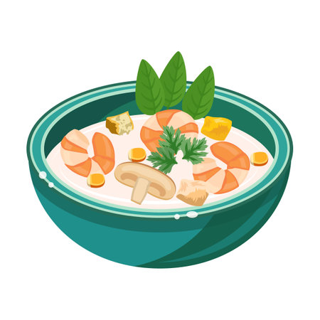 Mushroom soup with shrimps. Plate with seafood flat vector illustration. Dish from fish or shrimp, salmon and salad isolated on white. Seafoodのイラスト素材