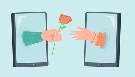 Hands of boyfriend and girlfriend coming out of smartphones. Lovers using dating app, male hand holding rose flat vector illustration. Love, romance, online dating, technology concept for bannerのイラスト素材