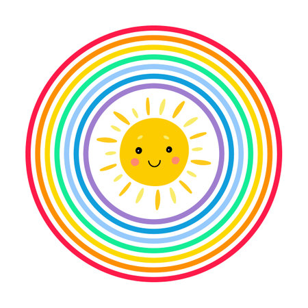 Round shape of rainbow vector illustration. Cute cloud and sun cartoon character isolated on white backgroundのイラスト素材