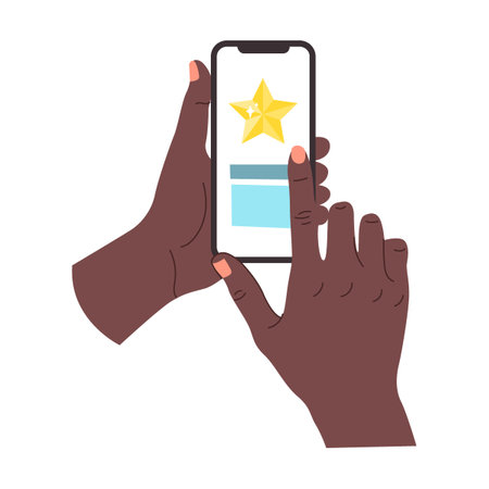 Hand holding mobile phone and puts a star on the mobile app. Cartoon vector illustration of female and male hand using smartphoneのイラスト素材