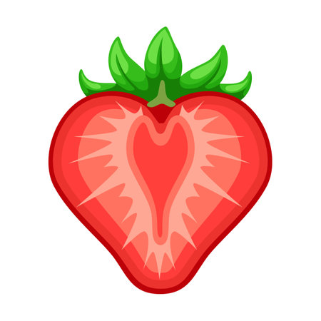 Half of strawberry cartoon illustration. Fresh ripe red berries with flowers isolated on white backgroundのイラスト素材