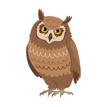 Horned owl cartoon illustration. Predatory bird or beautiful flying creatures isolated on white backgroundのイラスト素材