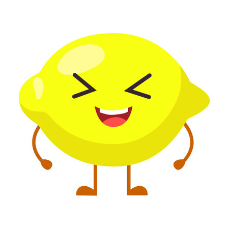 Cute yellow lemon fruit and berry cartoon character vector illustration. Comic sticker with funny caricature of happy personage isolated on whiteのイラスト素材