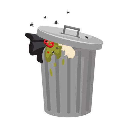 Dustbin vector illustration. Black sack with food waste, open dirty garbage can or dumpster on white backgroundのイラスト素材