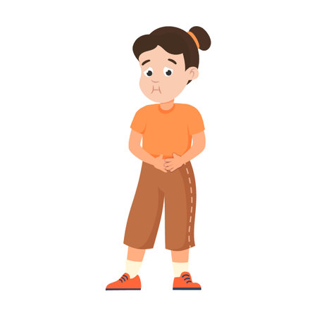 girl with sick stomach and signs of nausea, poisoning. Cute children as medical patient vector illustration. Disease symptoms cartoon kid on white background. Healthのイラスト素材