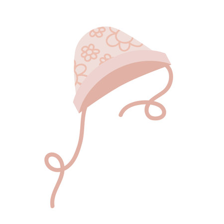 Pink summer cap with strings for children isolated on white background. Clothes for newborn boy and girl cartoon illustration. Babys apparel conceptのイラスト素材