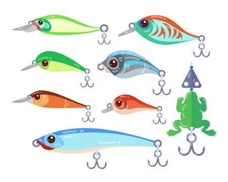 Different fishing lures and baits vector illustrations set. Collection of cartoon drawings of wobblers, plastic fishes and frog with fishhooks isolated on white background. Fishing, hobby conceptのイラスト素材