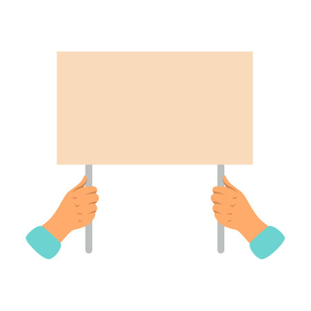 Hands holding blank placard. Vector illustration of activists with banner. People showing posters on demonstration isolated on whiteのイラスト素材