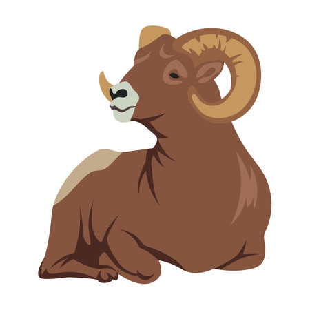 Brown bighorn, cartoon illustration. Ram, sheep, mascot with big horns vector isolated on white backgroundのイラスト素材