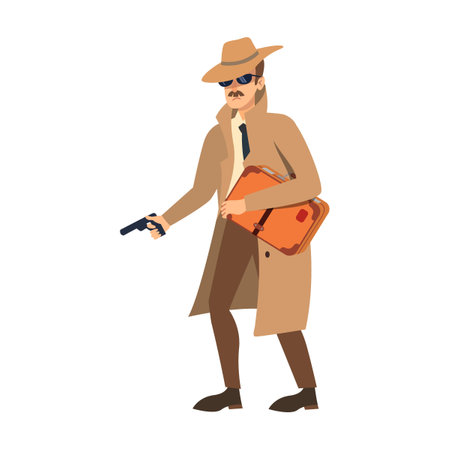Gangster character in a long coat. Vector illustration of comic criminal with hat or black mask. Cartoon mafia boss isolated on whiteのイラスト素材