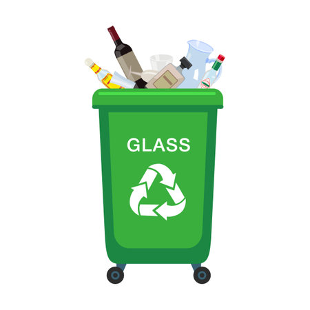 Glass trash container cartoon vector illustration. Garbage bin for metal, plastic, glass, organic and paper isolated on whiteのイラスト素材
