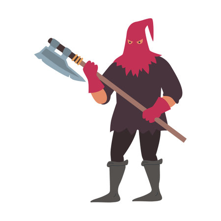 Medieval hooded executioner with ax cartoon illustration. Character of middle age period isolated on white backgroundのイラスト素材