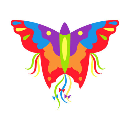 Kite in shape of butterfly vector illustration. Design of flying wind toy on string of different shapes for kids isolated on white backgroundのイラスト素材