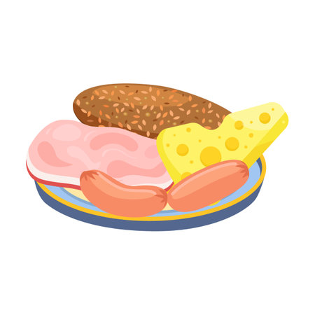 Healthy lunch ideas vector illustration. Plates and bowls with healthy food, fruit, vegetables isolated on white backgroundのイラスト素材