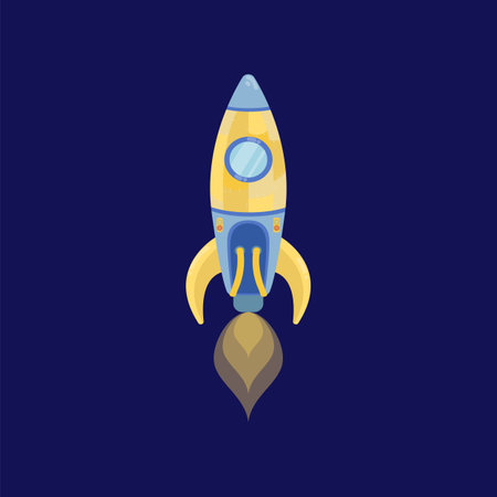 Retro yellow rocket ship cartoon illustration. UFO spaceship, spacecraft, futuristic rocket isolated on blue background. Space, galaxy conceptのイラスト素材