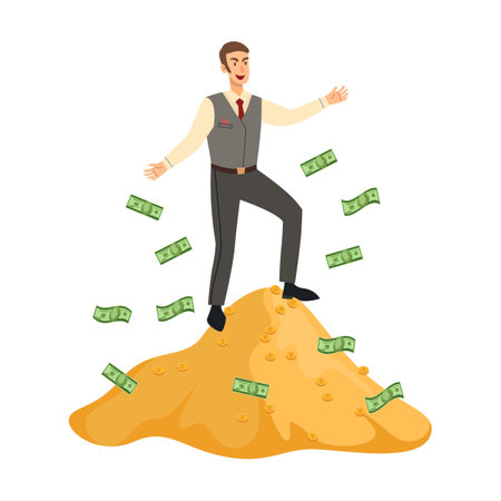 Rich banker on mountain of money cartoon illustration. Man and woman character. Billionaire or millionaire isolated on white backgroundのイラスト素材