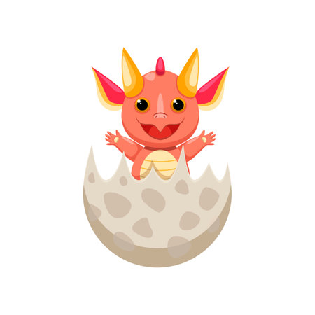 Baby fairytale monster hatching from egg. Cute colorful baby dragon and dinosaur cartoon illustration. Reptiles, wild animal conceptのイラスト素材