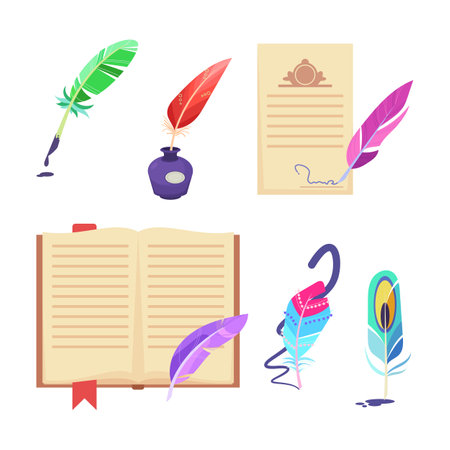 Quills for signing documents vector illustrations set. Cartoon drawings of colorful bird feathers, inkpot, book and certificate isolated on white background. Creativity, writing conceptのイラスト素材
