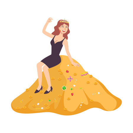 Rich woman with mountain of money cartoon illustration. Woman character. Billionaire or millionaire isolated on white backgroundのイラスト素材